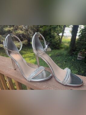 ALDO Silver Rhinestone Ankle Strap Stiletto Heels | Size 8.5 | Evening Sandals